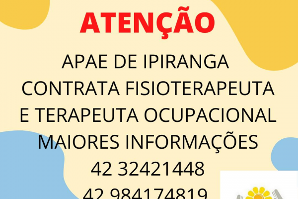 APAE de Ipiranga está contratando fisioterapeuta e terapeuta.